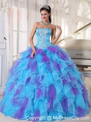 Blue and Purple Strapless Appliqued Quinceanera Dresses