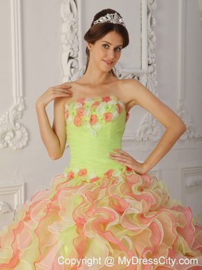 Multi-Color Strapless Hand Flowers and Ruffles Quinceanera Dress