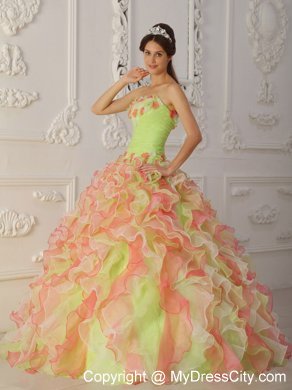 Multi-Color Strapless Hand Flowers and Ruffles Quinceanera Dress