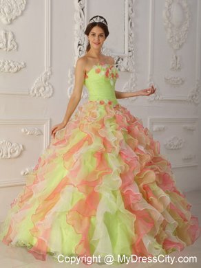 Multi-Color Strapless Hand Flowers and Ruffles Quinceanera Dress