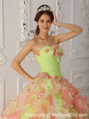 Multi-Color Strapless Hand Flowers and Ruffles Quinceanera Dress