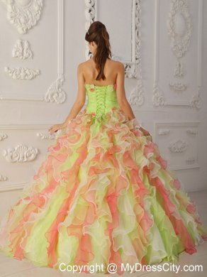 Multi-Color Strapless Hand Flowers and Ruffles Quinceanera Dress