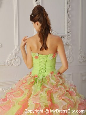 Multi-Color Strapless Hand Flowers and Ruffles Quinceanera Dress