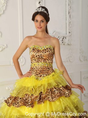 Yellow Sweep Train Leopard and Organza Ruffles Sweet 16 Dresses