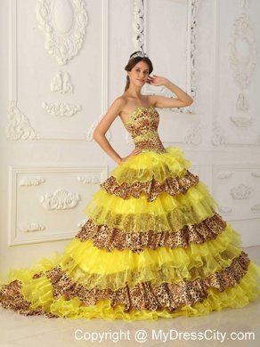 Yellow Sweep Train Leopard and Organza Ruffles Sweet 16 Dresses