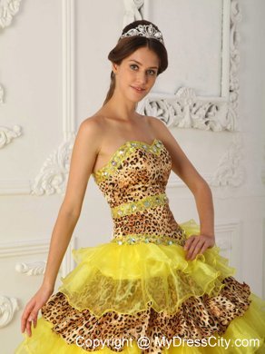 Yellow Sweep Train Leopard and Organza Ruffles Sweet 16 Dresses