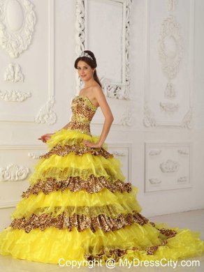 Yellow Sweep Train Leopard and Organza Ruffles Sweet 16 Dresses