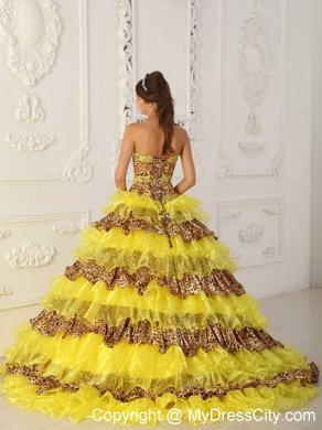 Yellow Sweep Train Leopard and Organza Ruffles Sweet 16 Dresses