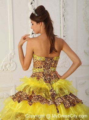 Yellow Sweep Train Leopard and Organza Ruffles Sweet 16 Dresses