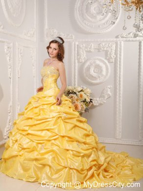 Yellow Taffeta Appliques Quinceanera Dress with Court Train