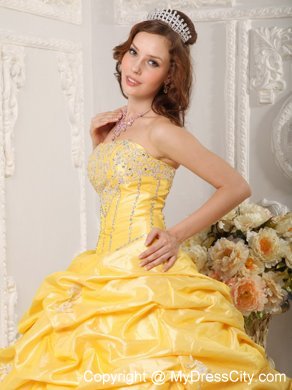 Yellow Taffeta Appliques Quinceanera Dress with Court Train