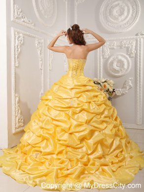 Yellow Taffeta Appliques Quinceanera Dress with Court Train