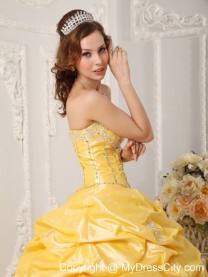 Yellow Taffeta Appliques Quinceanera Dress with Court Train