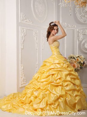 Yellow Taffeta Appliques Quinceanera Dress with Court Train