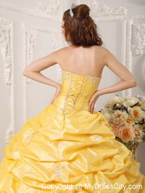 Yellow Taffeta Appliques Quinceanera Dress with Court Train