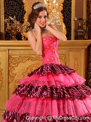 Beautiful Organza and Zebra Beading Hot Pink Dress for Quince