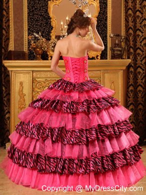 Beautiful Organza and Zebra Beading Hot Pink Dress for Quince