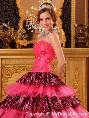 Beautiful Organza and Zebra Beading Hot Pink Dress for Quince