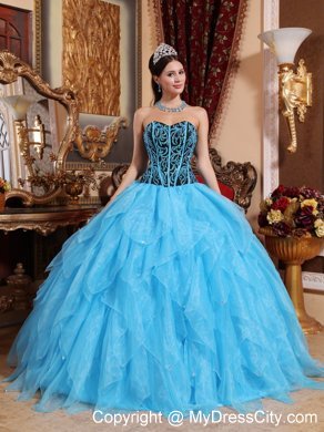 Aqua Blue Organza Embroidery with Beading Quinceanera Dress