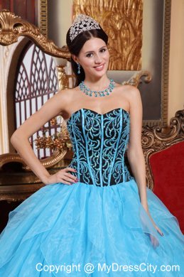 Aqua Blue Organza Embroidery with Beading Quinceanera Dress