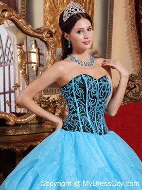 Aqua Blue Organza Embroidery with Beading Quinceanera Dress