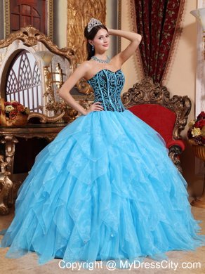 Aqua Blue Organza Embroidery with Beading Quinceanera Dress