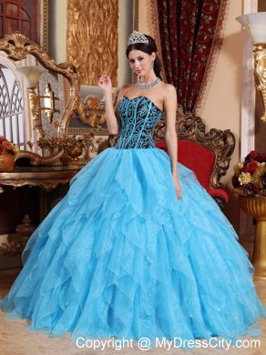 Aqua Blue Organza Embroidery with Beading Quinceanera Dress