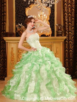 Apple Green Organza Beading and Ruffles Sweet Sixteen Dress