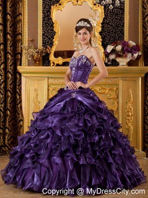 Purple Sweetheart Ruffled Quinceanera Dress in Organza Fabric