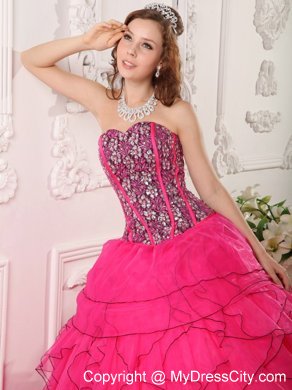 Hot Pink Sweetheart Organza Quinceanera Dress with Beading