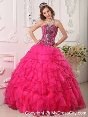 Hot Pink Sweetheart Organza Quinceanera Dress with Beading