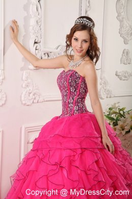 Hot Pink Sweetheart Organza Quinceanera Dress with Beading