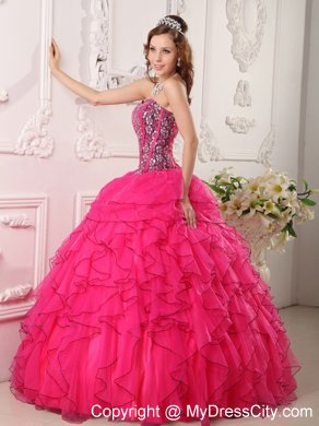 Hot Pink Sweetheart Organza Quinceanera Dress with Beading