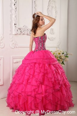 Hot Pink Sweetheart Organza Quinceanera Dress with Beading