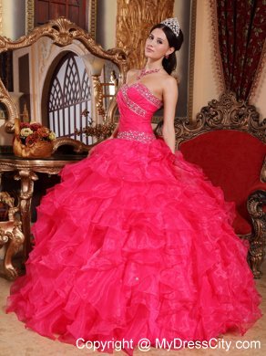 Sweetheart Ruffuled Coral Red Organza Beading Quinceanera Dress