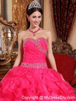 Sweetheart Ruffuled Coral Red Organza Beading Quinceanera Dress