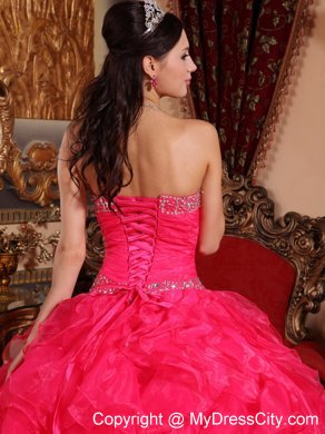 Sweetheart Ruffuled Coral Red Organza Beading Quinceanera Dress