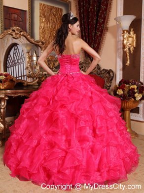 Sweetheart Ruffuled Coral Red Organza Beading Quinceanera Dress