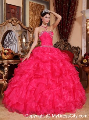 Sweetheart Ruffuled Coral Red Organza Beading Quinceanera Dress