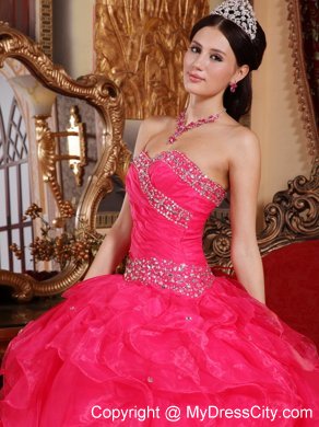 Sweetheart Ruffuled Coral Red Organza Beading Quinceanera Dress