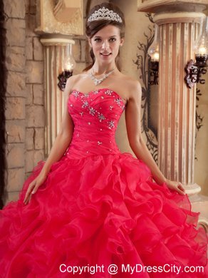 Coral Red Ball Gown Sweetheart Ruffled Organza Quinceanera Dress