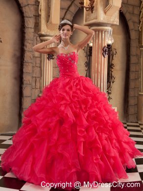 Coral Red Ball Gown Sweetheart Ruffled Organza Quinceanera Dress