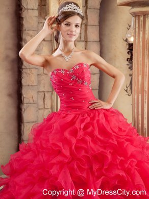 Coral Red Ball Gown Sweetheart Ruffled Organza Quinceanera Dress