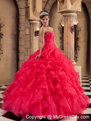 Coral Red Ball Gown Sweetheart Ruffled Organza Quinceanera Dress