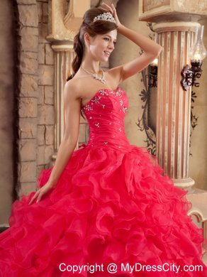 Coral Red Ball Gown Sweetheart Ruffled Organza Quinceanera Dress