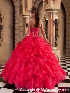 Coral Red Ball Gown Sweetheart Ruffled Organza Quinceanera Dress