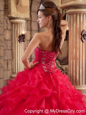 Coral Red Ball Gown Sweetheart Ruffled Organza Quinceanera Dress