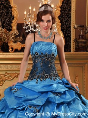 Taffeta Appliques Ball Gown Sweet 15 Dress in Blue with Straps