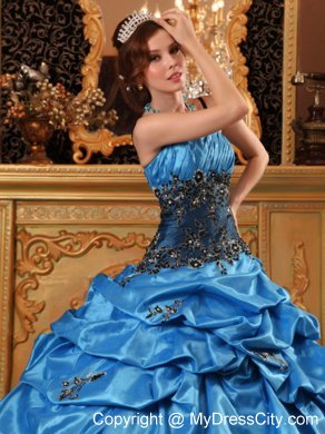 Taffeta Appliques Ball Gown Sweet 15 Dress in Blue with Straps