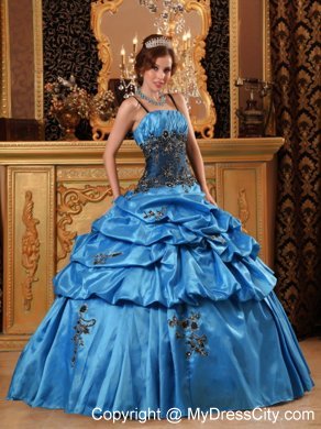 Taffeta Appliques Ball Gown Sweet 15 Dress in Blue with Straps